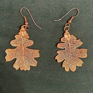 Zhannel Real Leaf Hook Drop EARRINGS Lacey OAK in Rose Gold Genuine Leaf New
